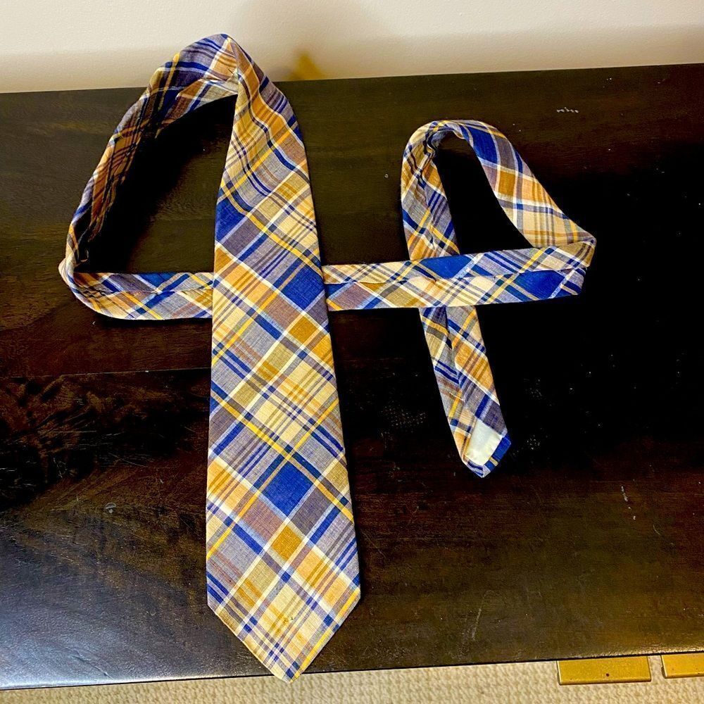 Brooks Brothers Makers all cotton blue and tan plaid tie